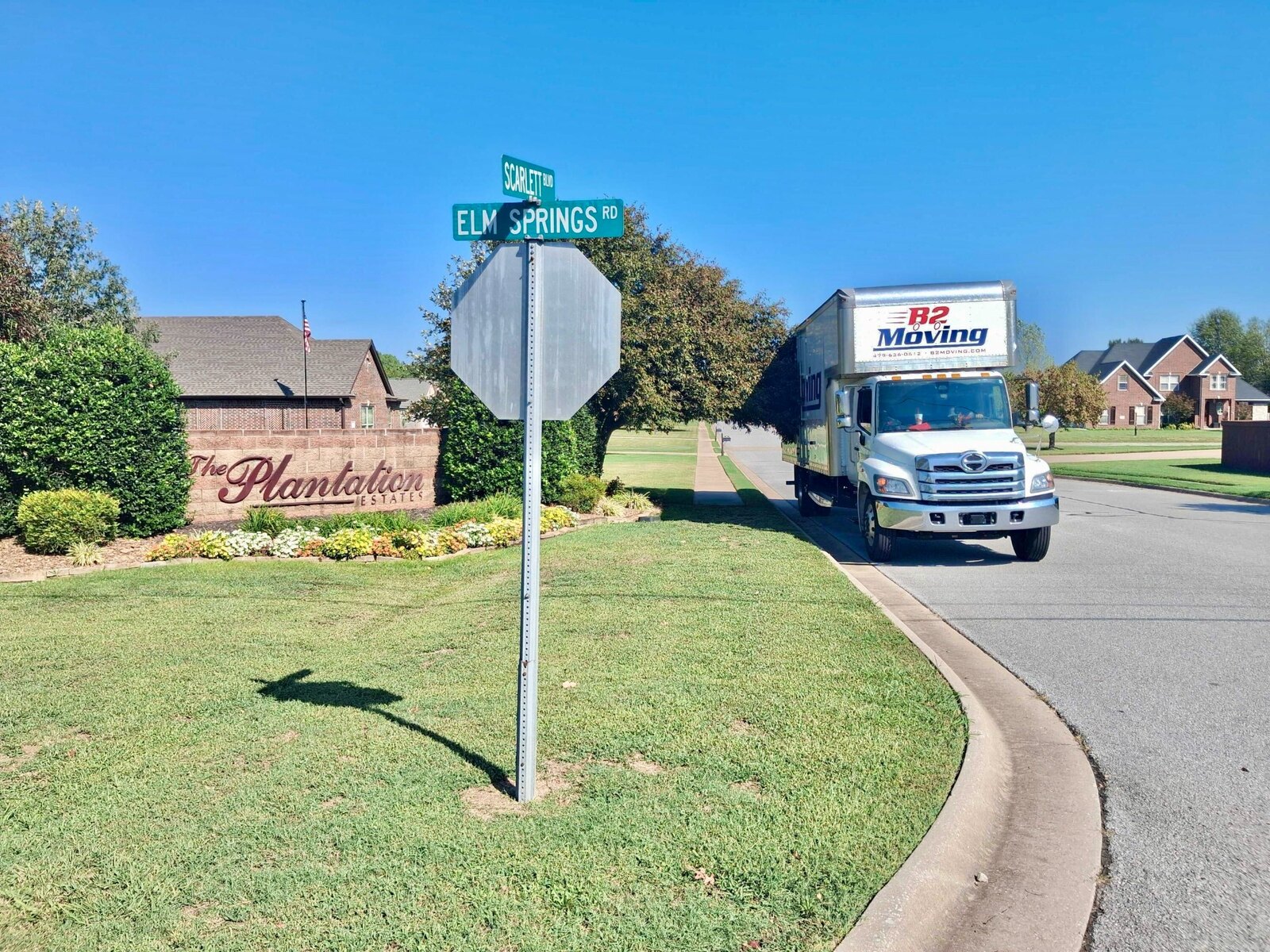 B2 Moving truck near The Plantation entrance along Elm Springs Road in Springdale, Arkansas