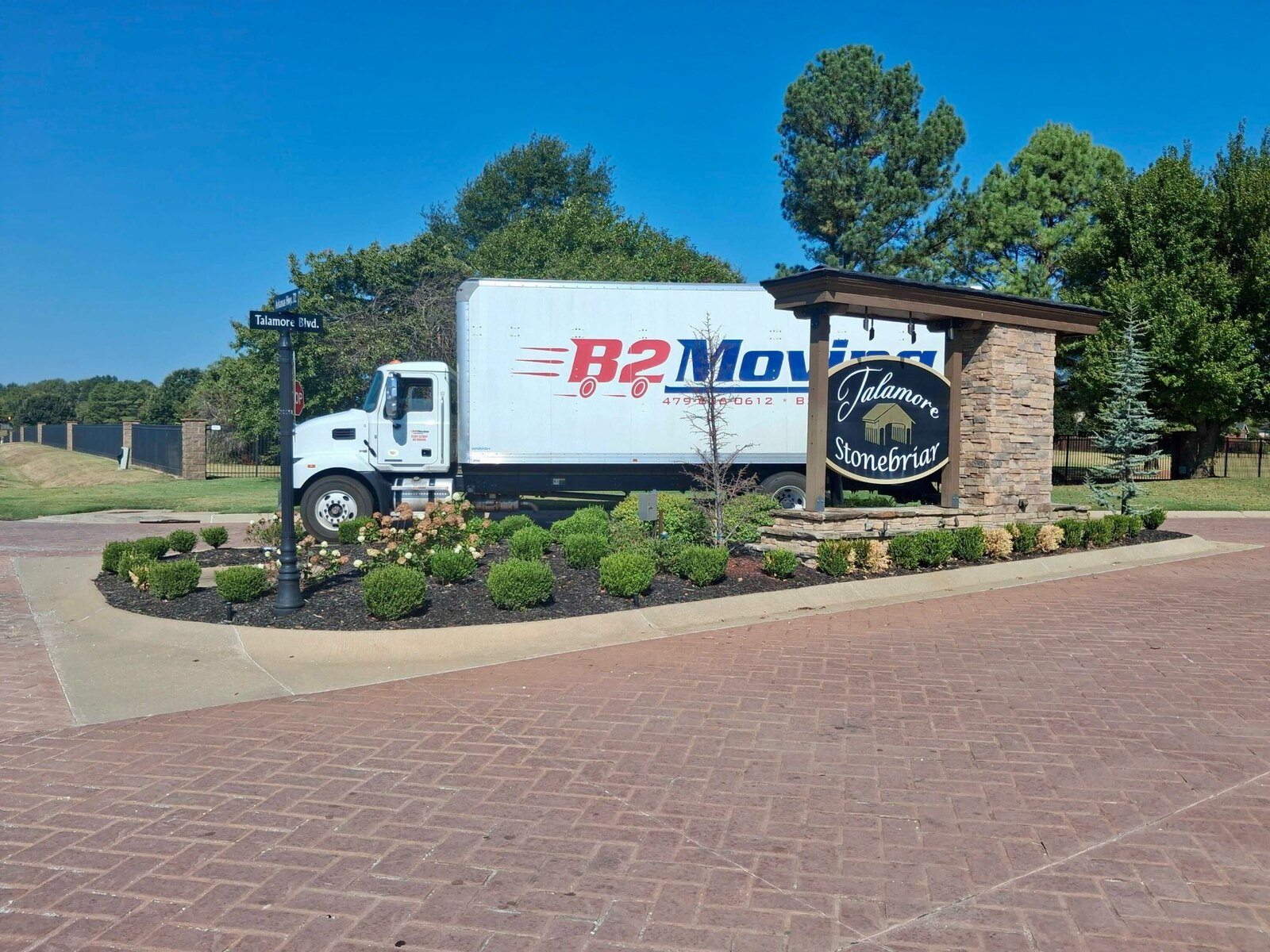 B2 Moving truck near the Talamore and Stonebriar entrance in Bentonville, Arkansas