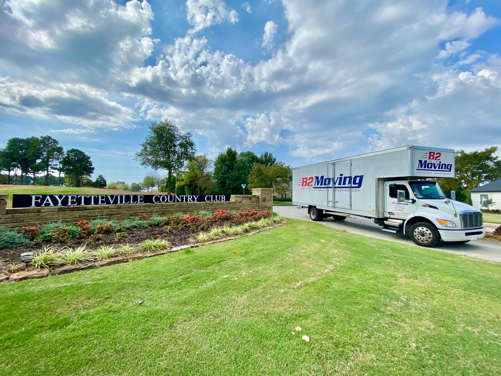 B2 Moving truck near the Fayetteville Country Club entrance in Fayetteville, Arkansas