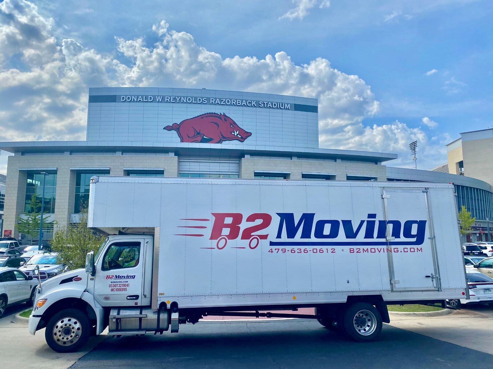 B2 Moving truck near Donald W. Reynolds Razorback Stadium in Fayetteville, Arkansas