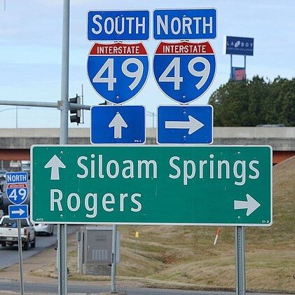 Interstate 49 signs near Rogers and Siloam Springs in Northwest Arkansas